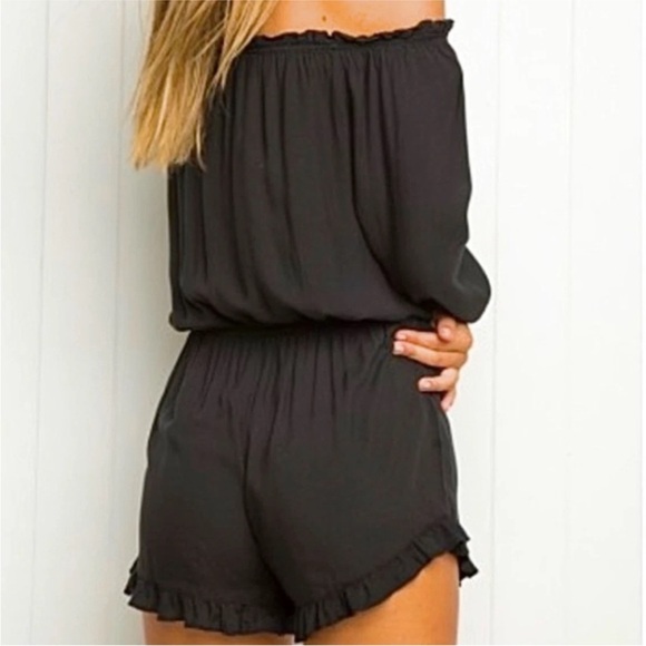 BRANDY MELVILLE One Size Fits All OFF SHOULDER Ruffle Drawstring Romper Black - Picture 9 of 9